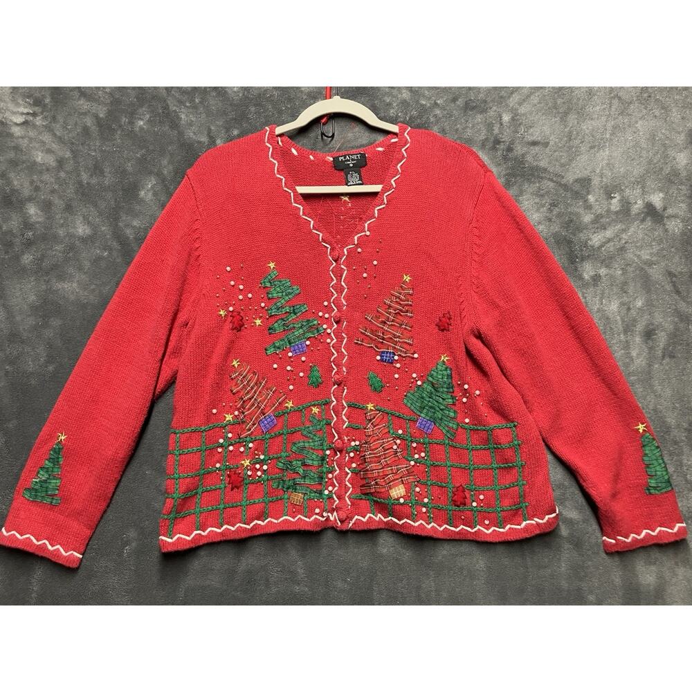 Planet & Company Ugly Christmas Cardigan Sweater Woman's Petite L Red Embroider